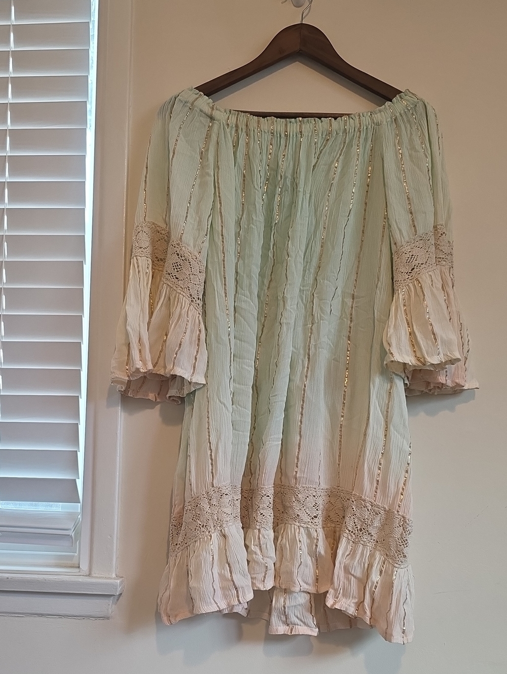 Boho Off-Shoulder Long Sleeve Dress in Mint and Cream with Gold Trim
